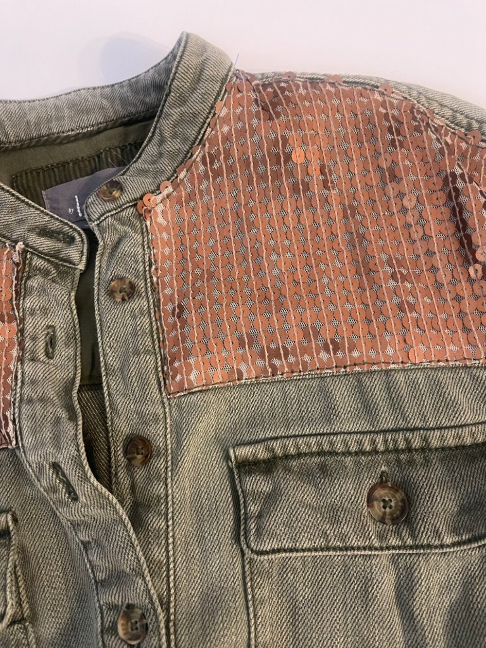 Anthropologie Sequin Yoke Utility Denim Shirt Size 0 - Picture 6 of 7